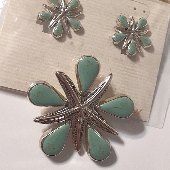 Vtg. AQUA Earrings & Necklace/BROOCH SET - Picture 4 of 7